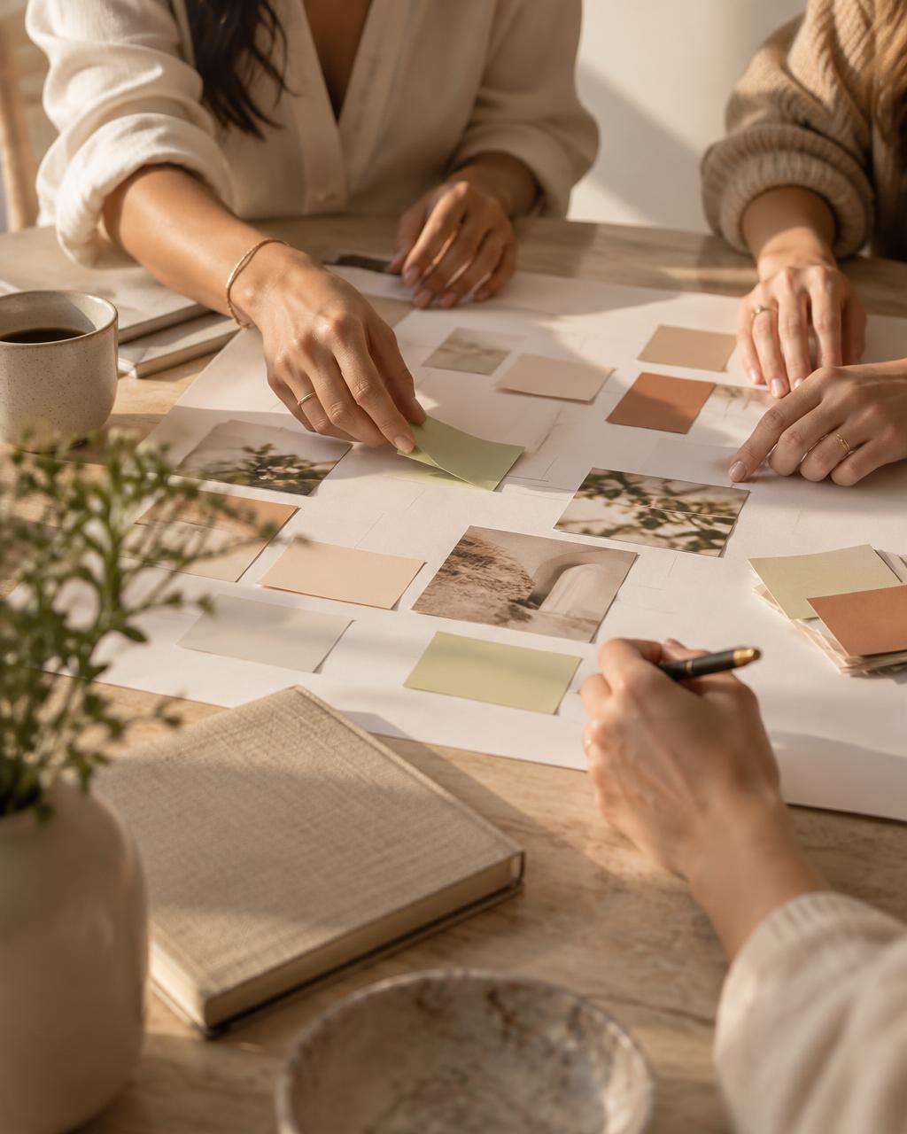 Imagem ilustrativa: mãos organizando cartões e anotações sobre uma mesa de trabalho