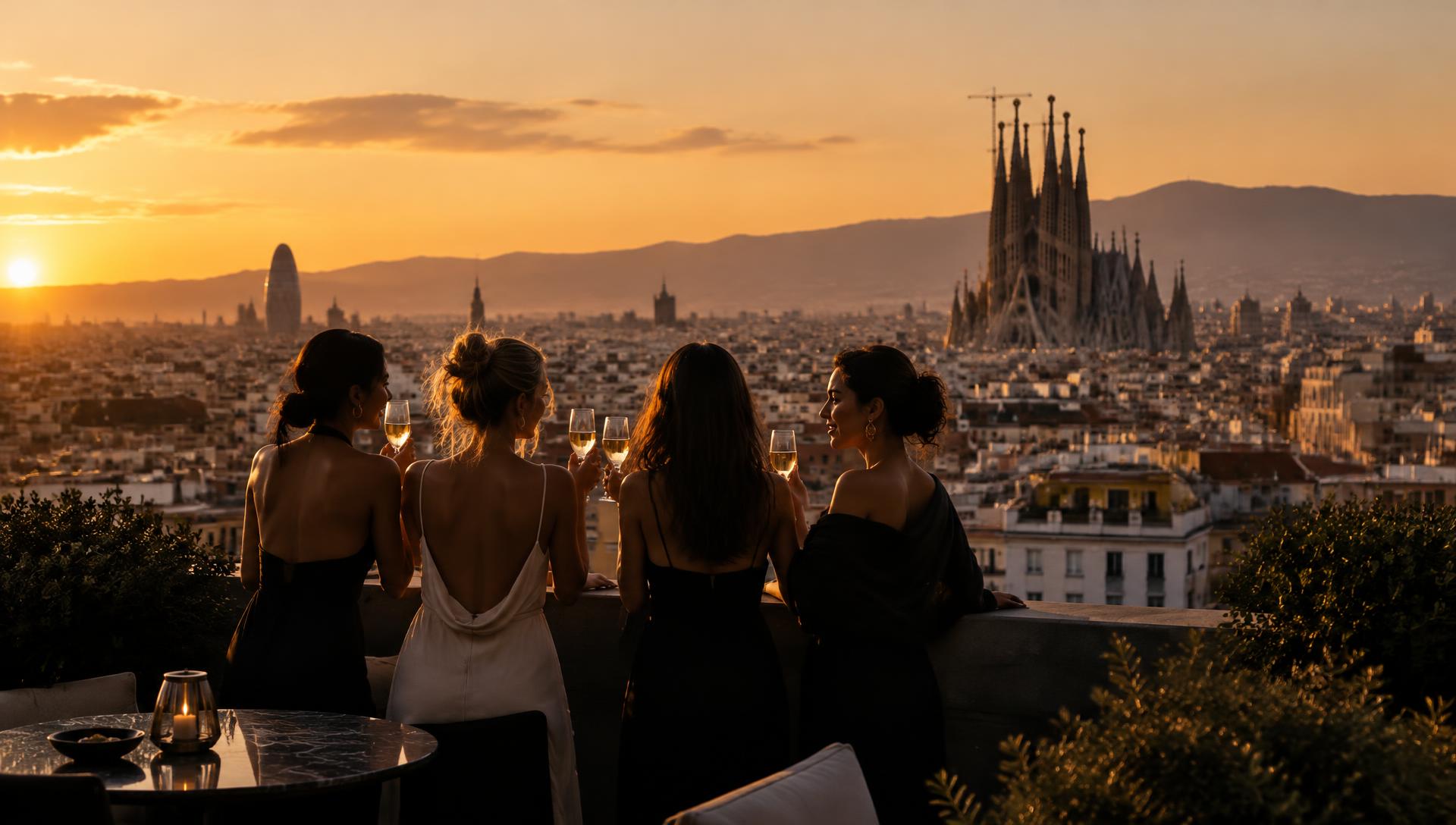 Imagem ilustrativa: mulheres em um terraço com vista para Barcelona ao entardecer